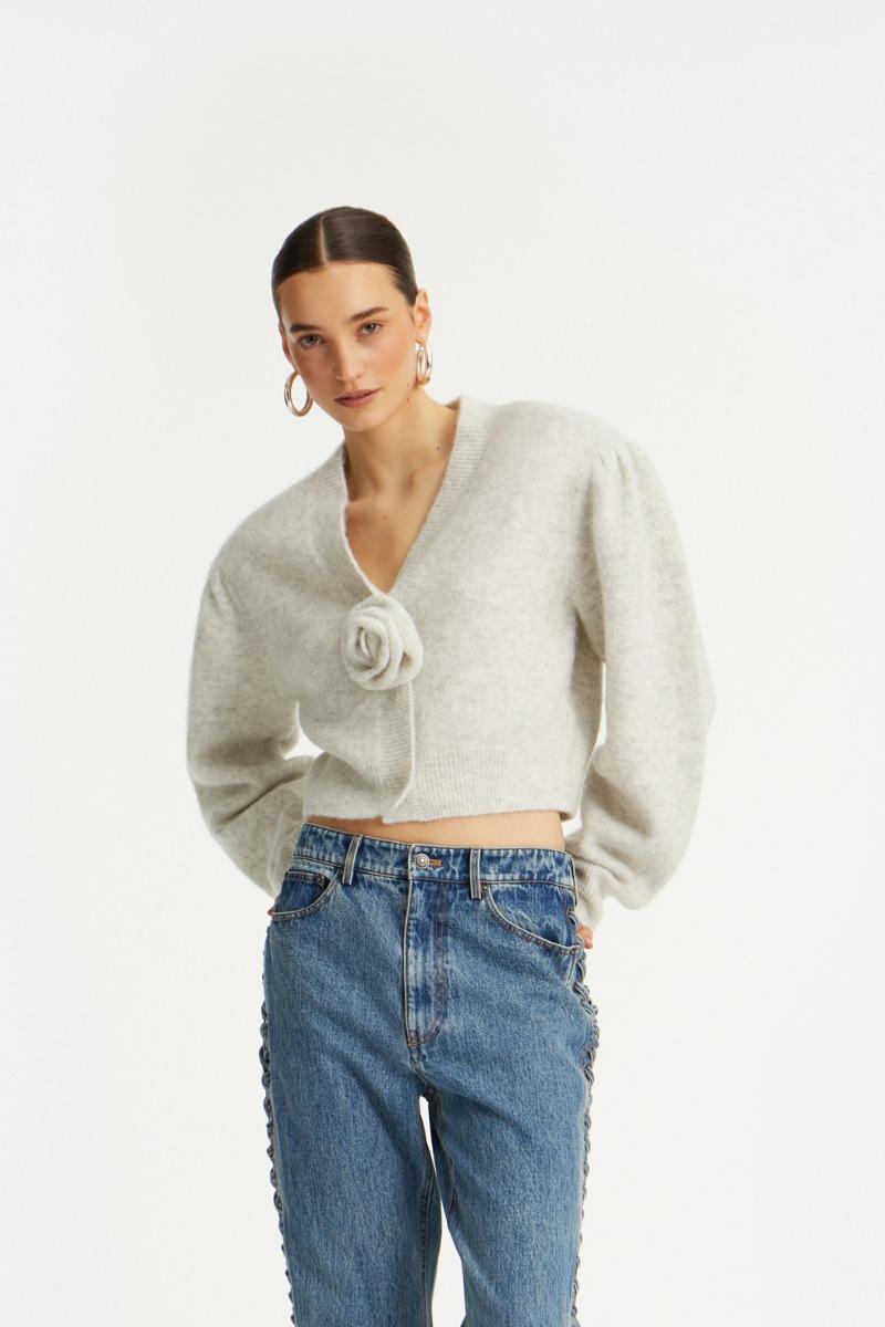 rotate birger christensen Knit Puffsleeve Cardigan Light Grey