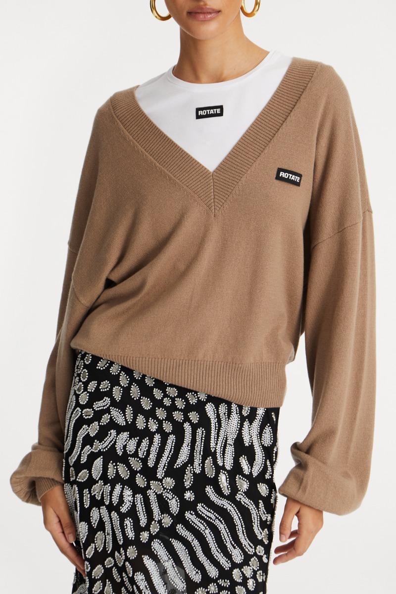 Rotate Birger Christensen Knit V-neck Sweater Brown