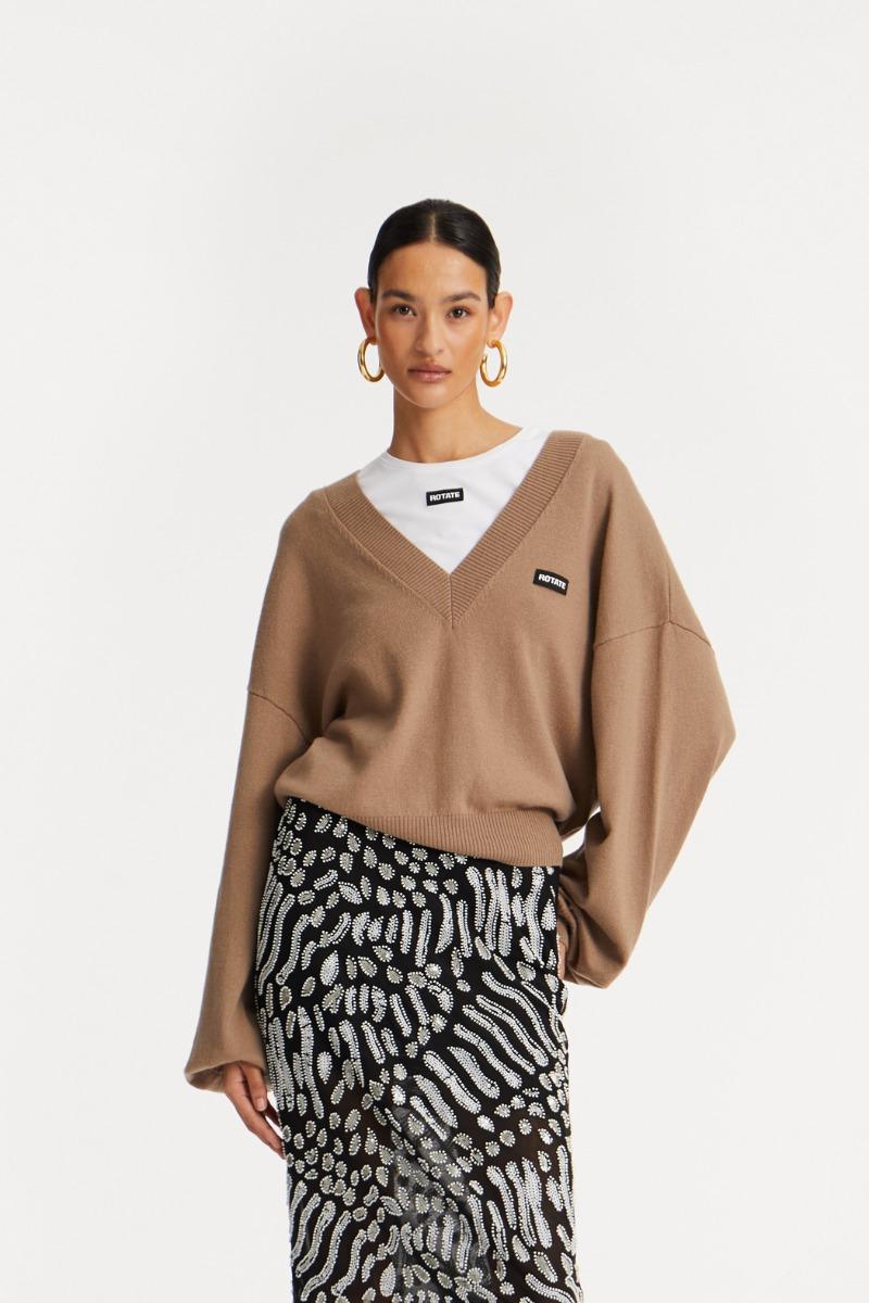 rotate birger christensen Knit V-neck Sweater Brown