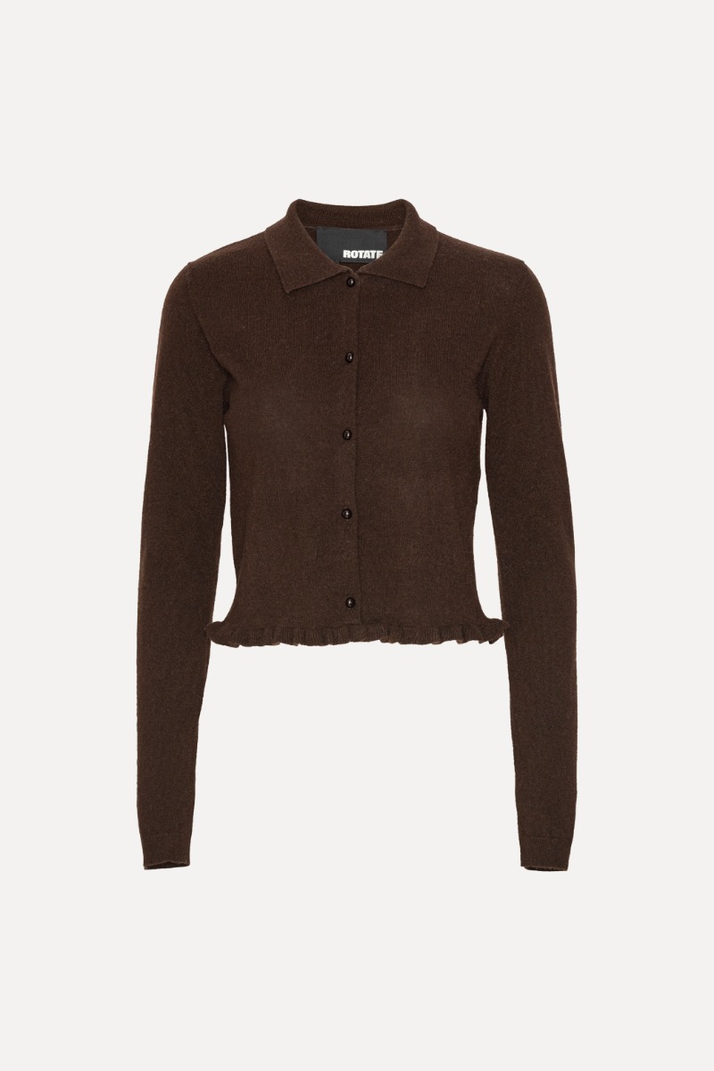 rotate birger christensen Knitted Polo Cardigan Dark Brown