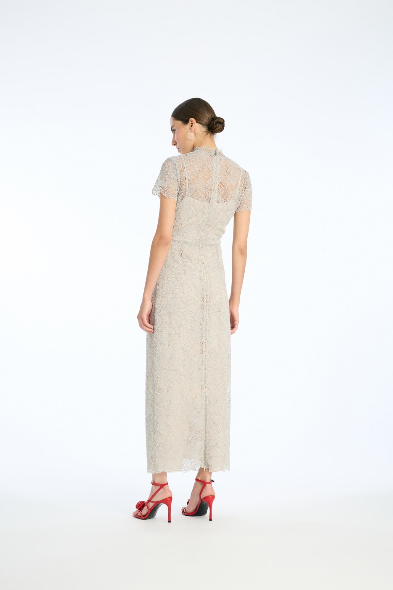 Rotate Birger Christensen Lace Long Midi Dress Light Grey