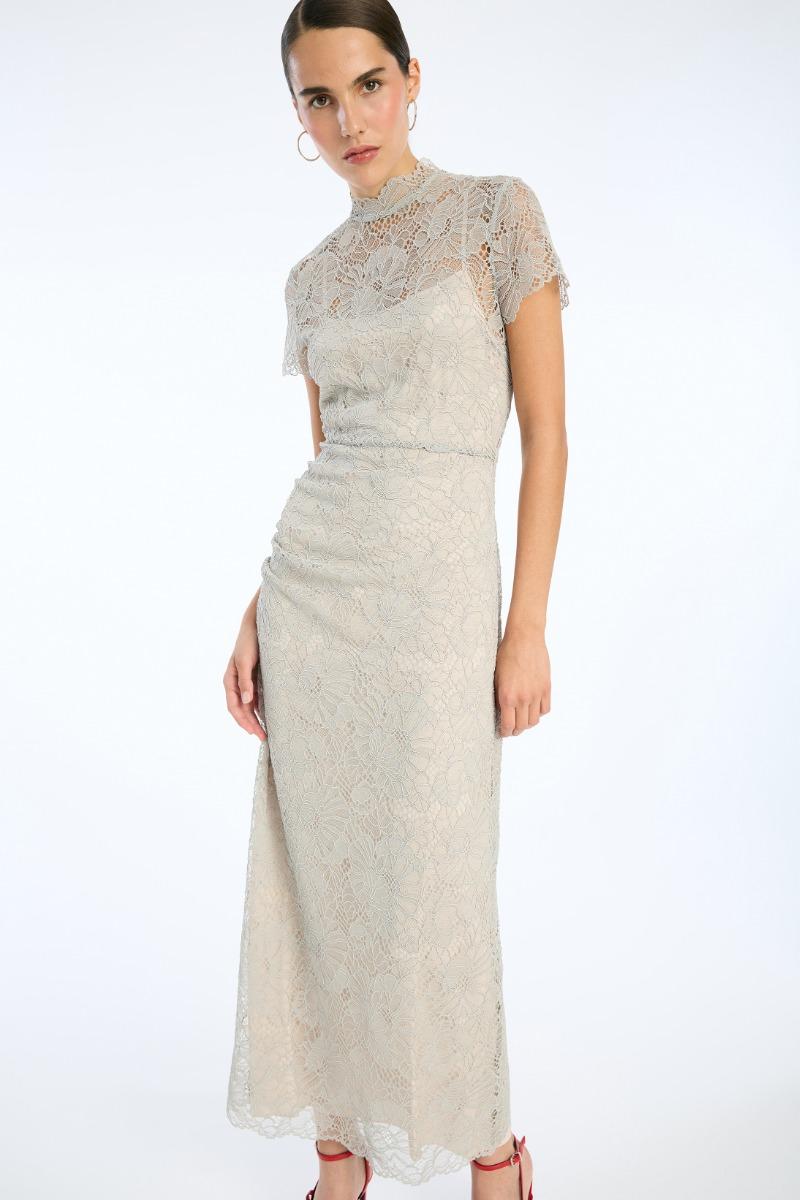 Rotate Birger Christensen Lace Long Midi Dress Light Grey