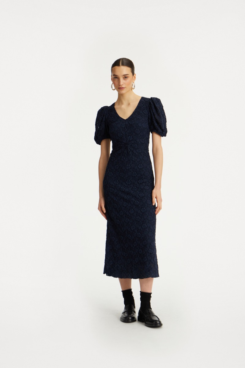 rotate birger christensen Lace Puff Sleeve Dress Dark Blue
