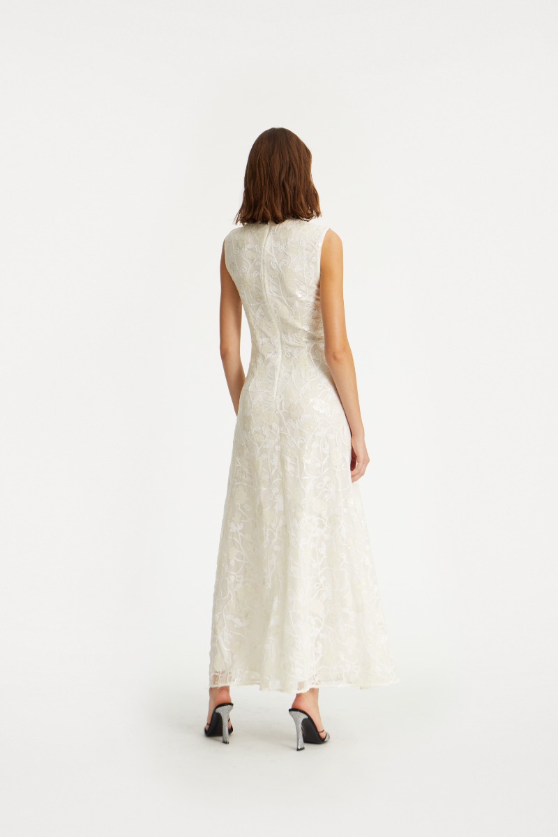 Rotate Birger Christensen Lace Sequin Maxi Dress Creme White
