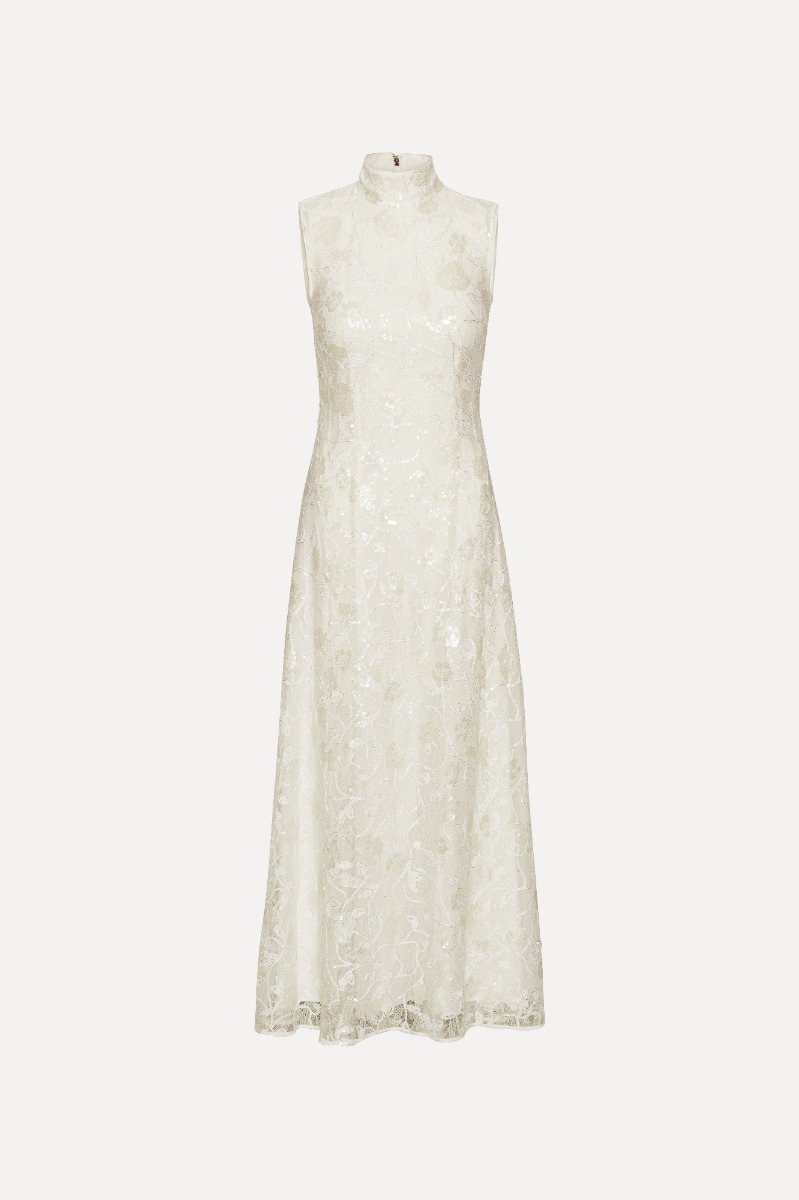 Rotate Birger Christensen Lace Sequin Maxi Dress Creme White
