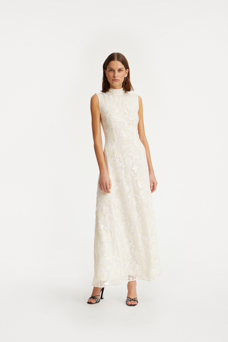 rotate birger christensen Lace Sequin Maxi Dress Creme White