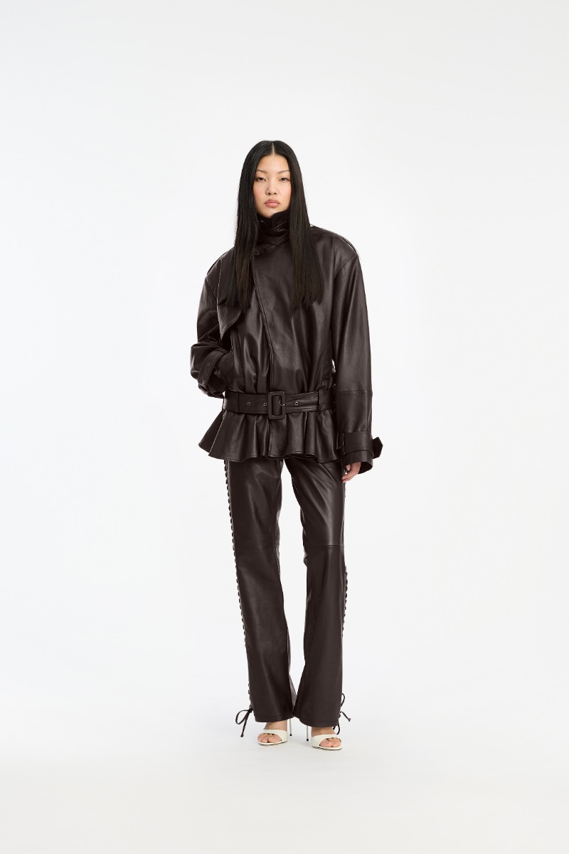 rotate birger christensen Laced Leather Pants Dark Brown