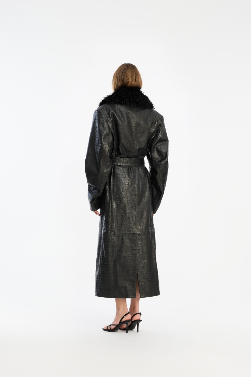 Rotate Birger Christensen Leather Coat Faux Fur Collar Black
