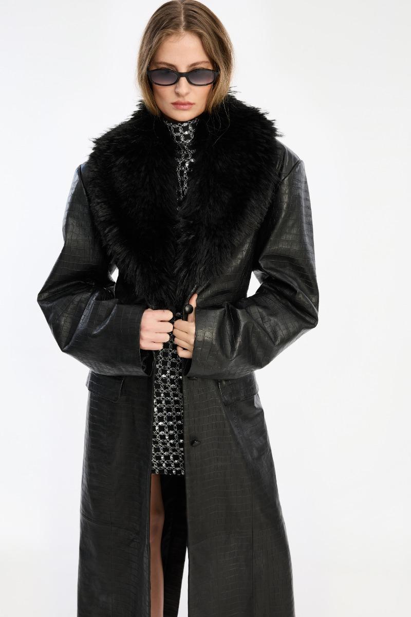 Rotate Birger Christensen Leather Coat Faux Fur Collar Black