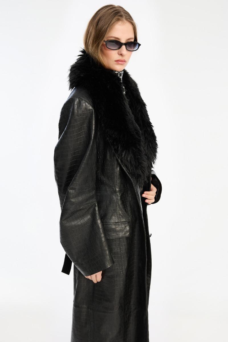 Rotate Birger Christensen Leather Coat Faux Fur Collar Black