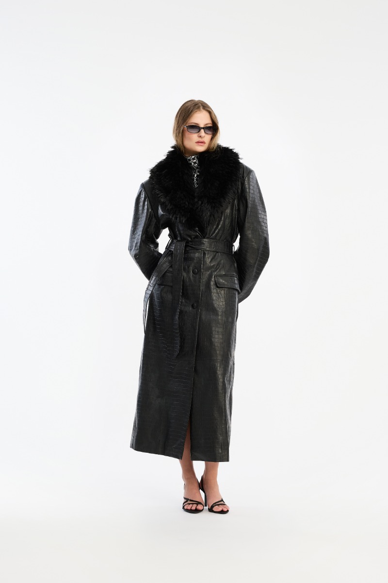 rotate birger christensen Leather Coat Faux Fur Collar Black