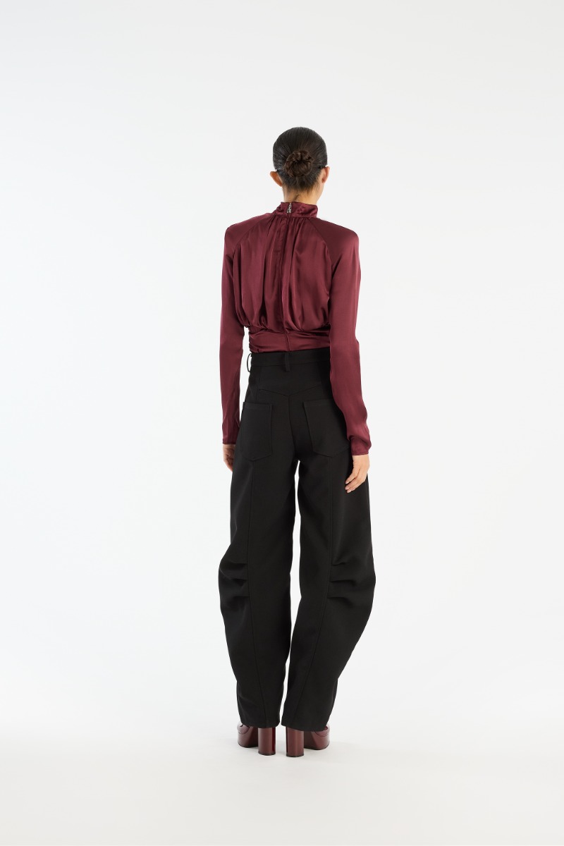 Rotate Birger Christensen Ls Ruched Silk Top Burgundy