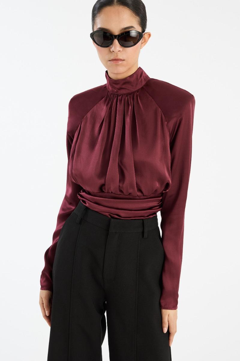 Rotate Birger Christensen Ls Ruched Silk Top Burgundy