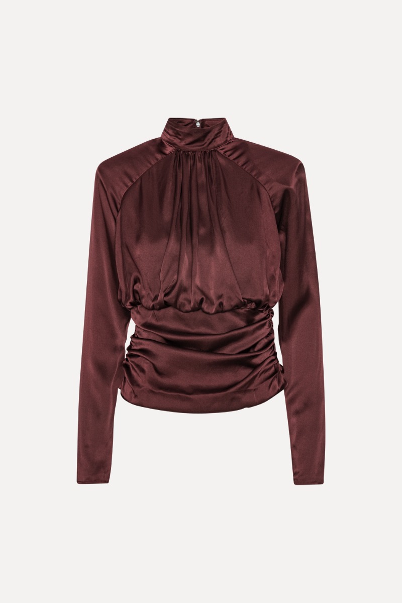 Rotate Birger Christensen Ls Ruched Silk Top Burgundy