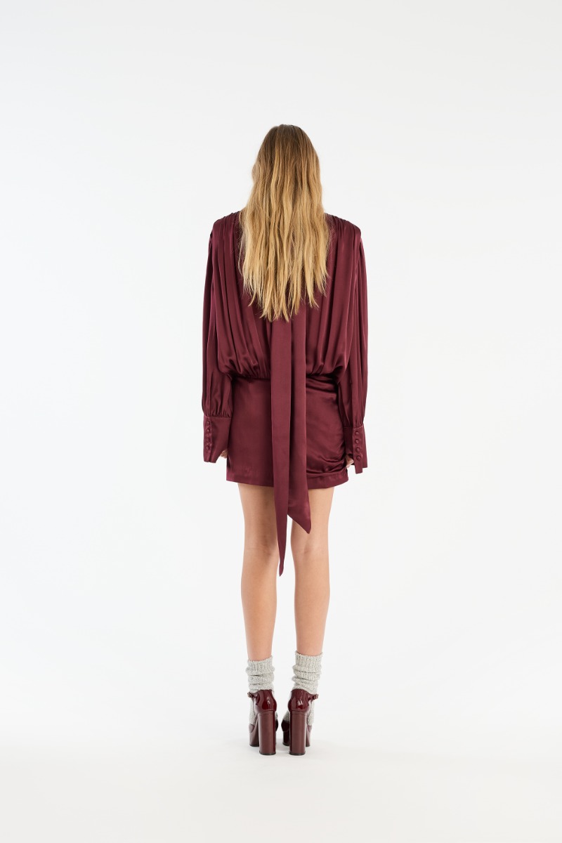 Rotate Birger Christensen Ls Silk V-neck Dress Burgundy