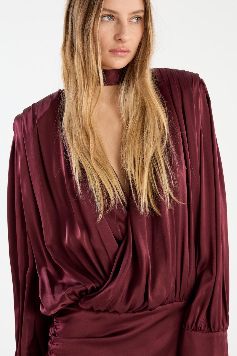 Rotate Birger Christensen Ls Silk V-neck Dress Burgundy