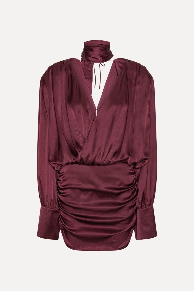 Rotate Birger Christensen Ls Silk V-neck Dress Burgundy