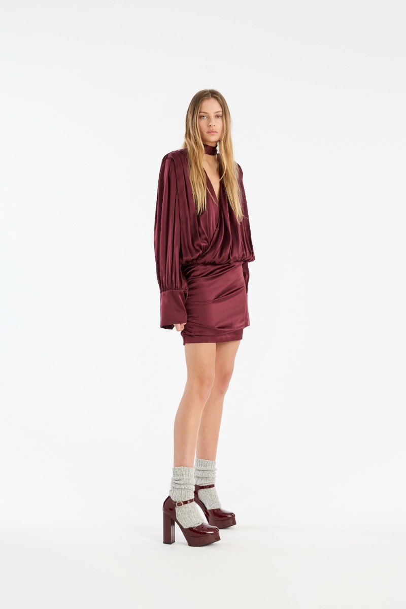 rotate birger christensen Ls Silk V-neck Dress Burgundy