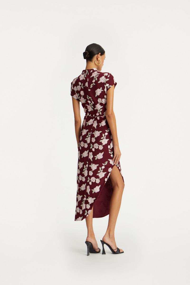 Rotate Birger Christensen Mesh Asymmetric Dress Bordeaux Flower Print