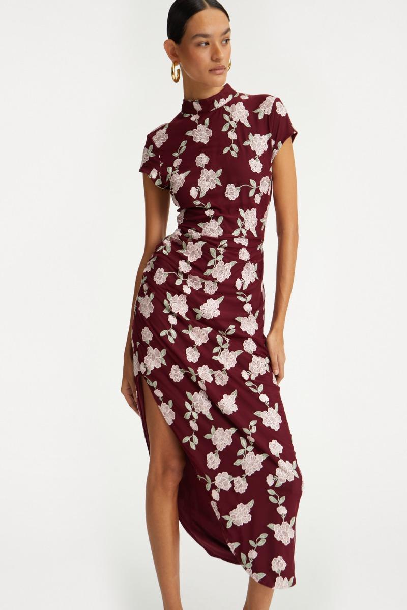 Rotate Birger Christensen Mesh Asymmetric Dress Bordeaux Flower Print