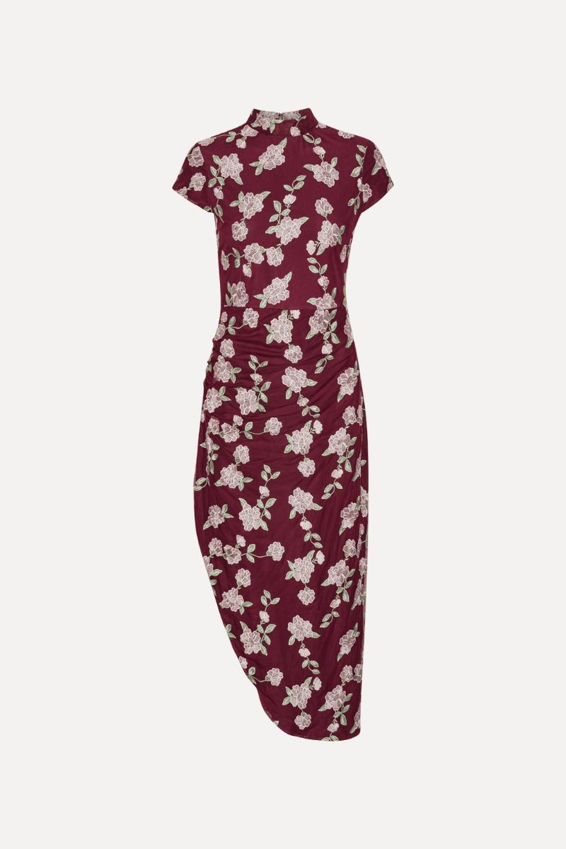 Rotate Birger Christensen Mesh Asymmetric Dress Bordeaux Flower Print