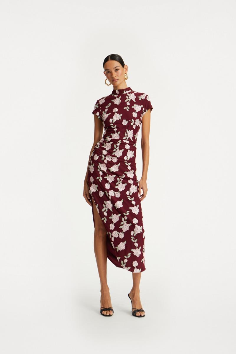 rotate birger christensen Mesh Asymmetric Dress Bordeaux Flower Print