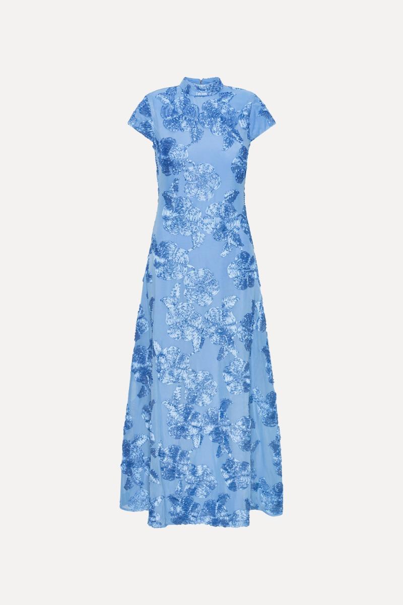 rotate birger christensen Mesh Capsleeve Maxi Dress Blue