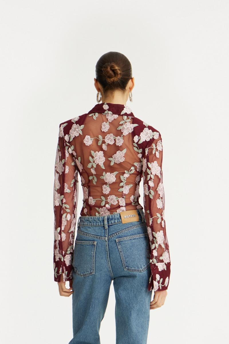 Rotate Birger Christensen Mesh Fitted Shirt Bordeaux Flower Print