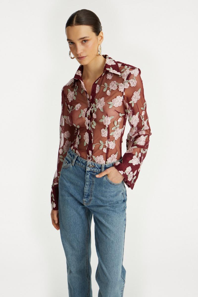 Rotate Birger Christensen Mesh Fitted Shirt Bordeaux Flower Print