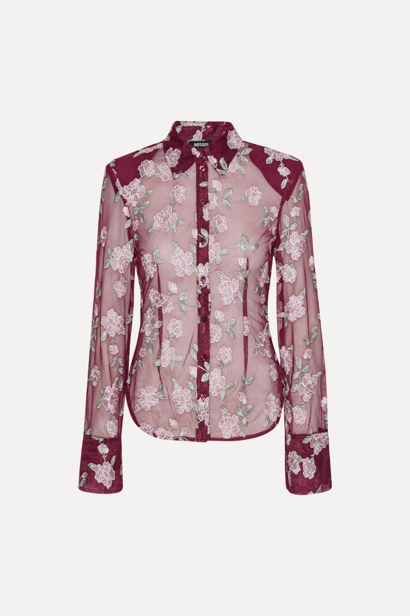 Rotate Birger Christensen Mesh Fitted Shirt Bordeaux Flower Print