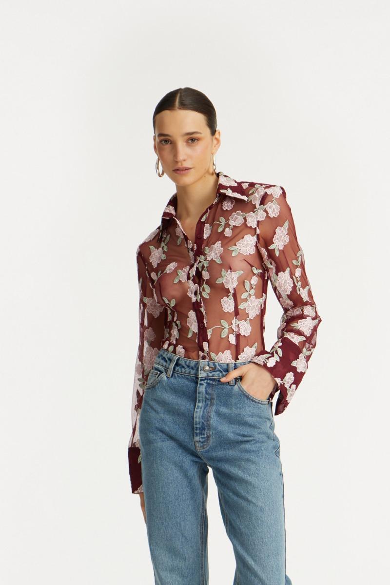 rotate birger christensen Mesh Fitted Shirt Bordeaux Flower Print