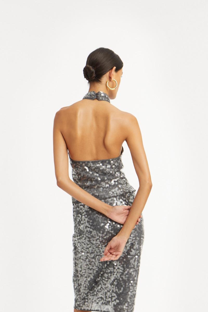 Rotate Birger Christensen Net Sequin Halterneck Dark Grey