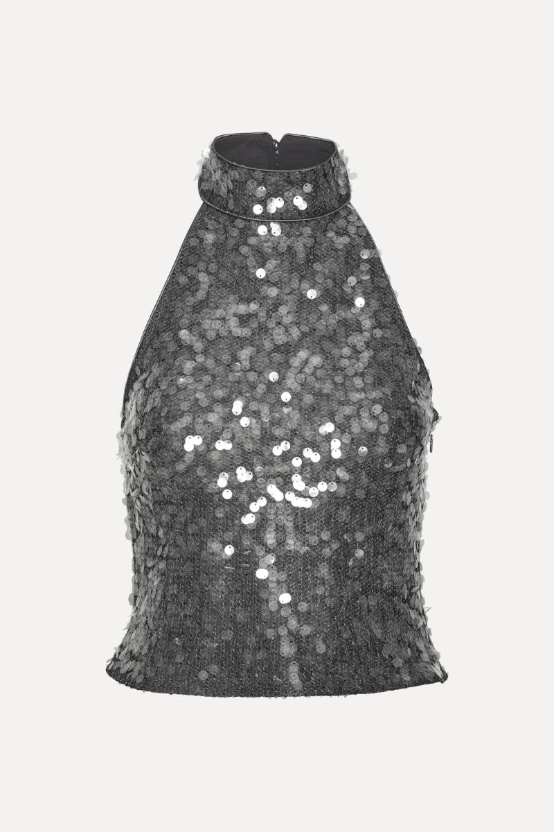 Rotate Birger Christensen Net Sequin Halterneck Dark Grey