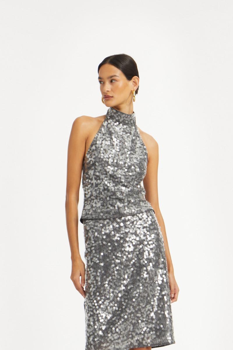 rotate birger christensen Net Sequin Halterneck Dark Grey