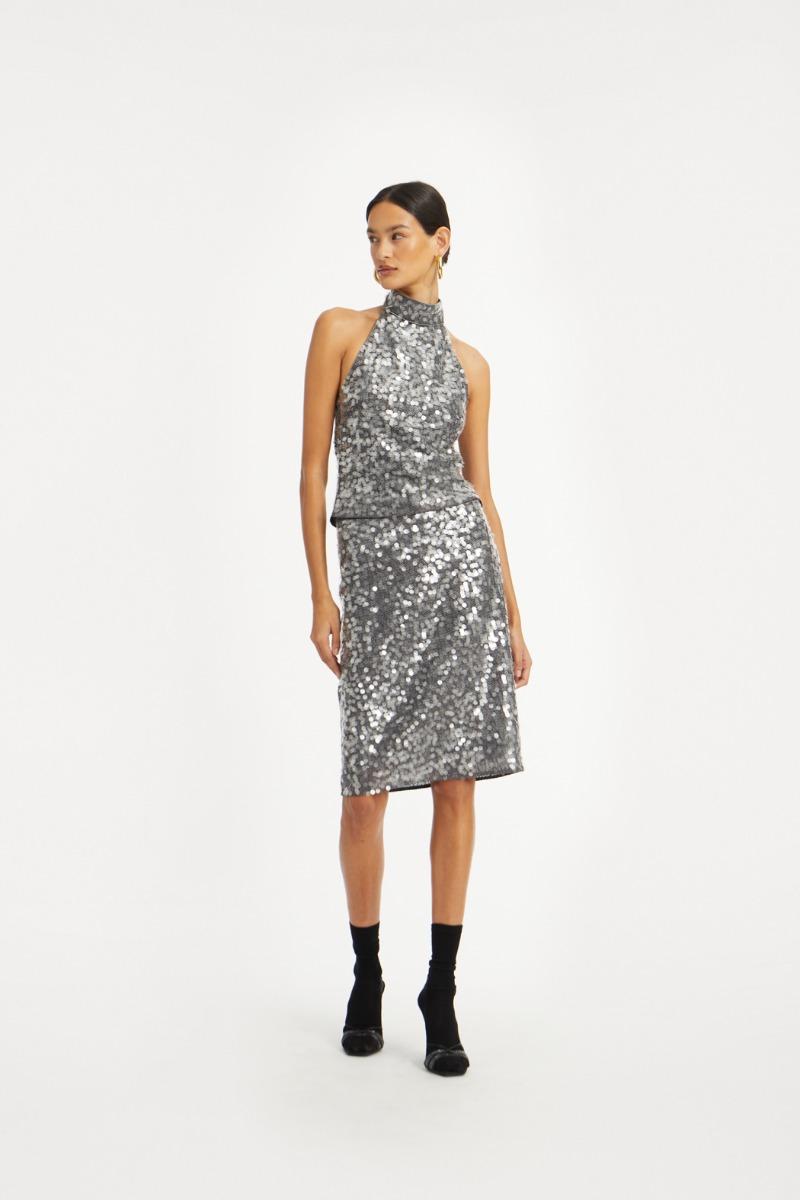 rotate birger christensen Net Sequin Midi Skirt Dark Grey