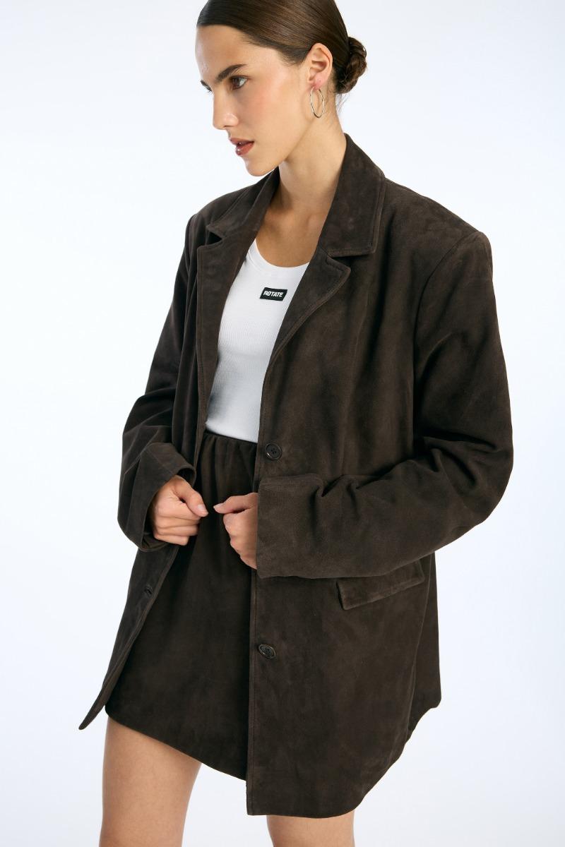 Rotate Birger Christensen Oversized Suede Blazer Chocolate Brown