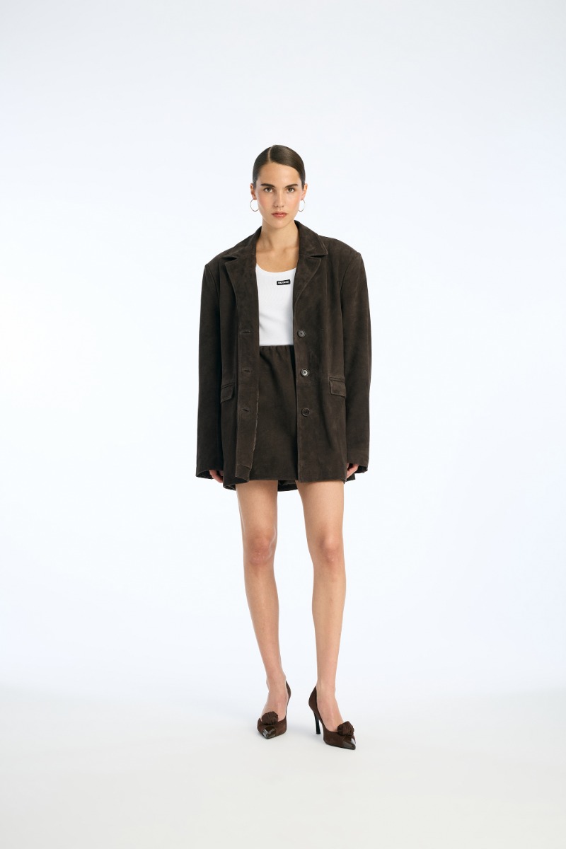 rotate birger christensen Oversized Suede Blazer Chocolate Brown