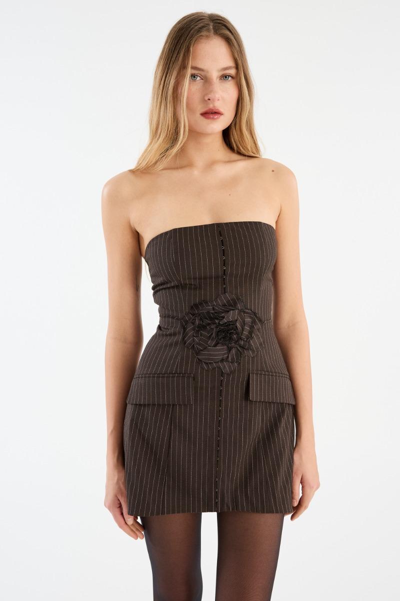 Rotate Birger Christensen Pinstripe Belted Long Top Dark Brown