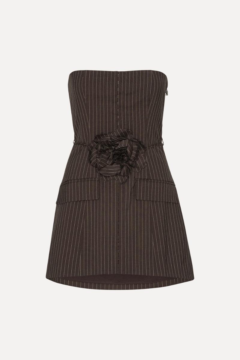 Rotate Birger Christensen Pinstripe Belted Long Top Dark Brown