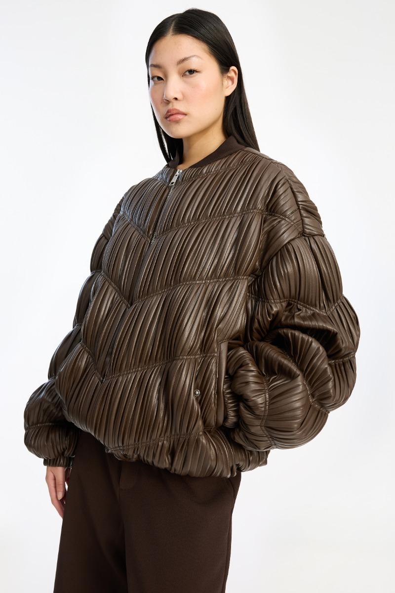 Rotate Birger Christensen Pleated Bomber Jacket Dark Brown