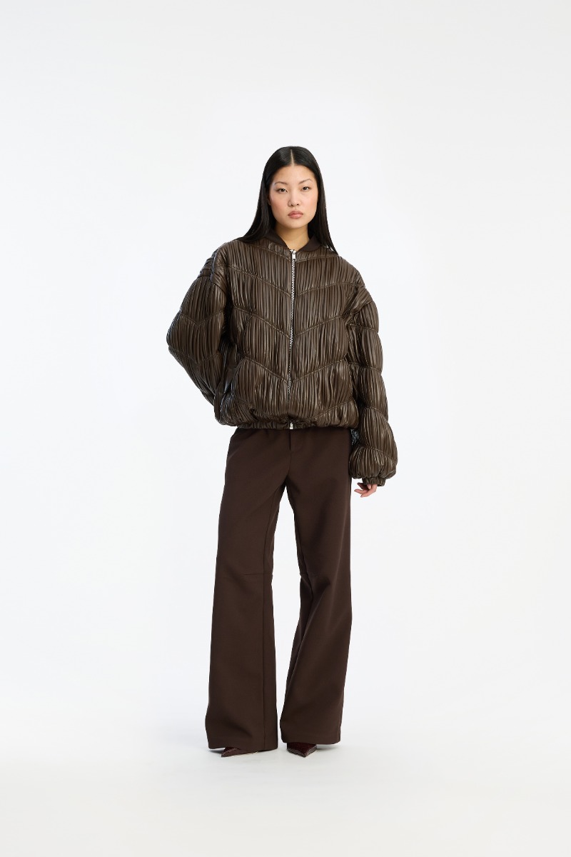 rotate birger christensen Pleated Bomber Jacket Dark Brown