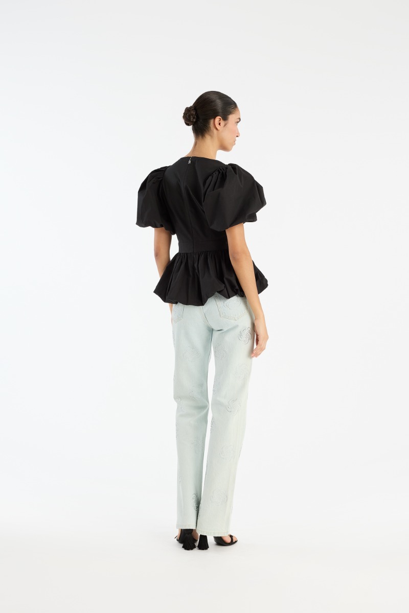 Rotate Birger Christensen Puff Sleeve Bubble Top Black