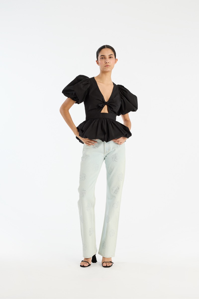 rotate birger christensen Puff Sleeve Bubble Top Black