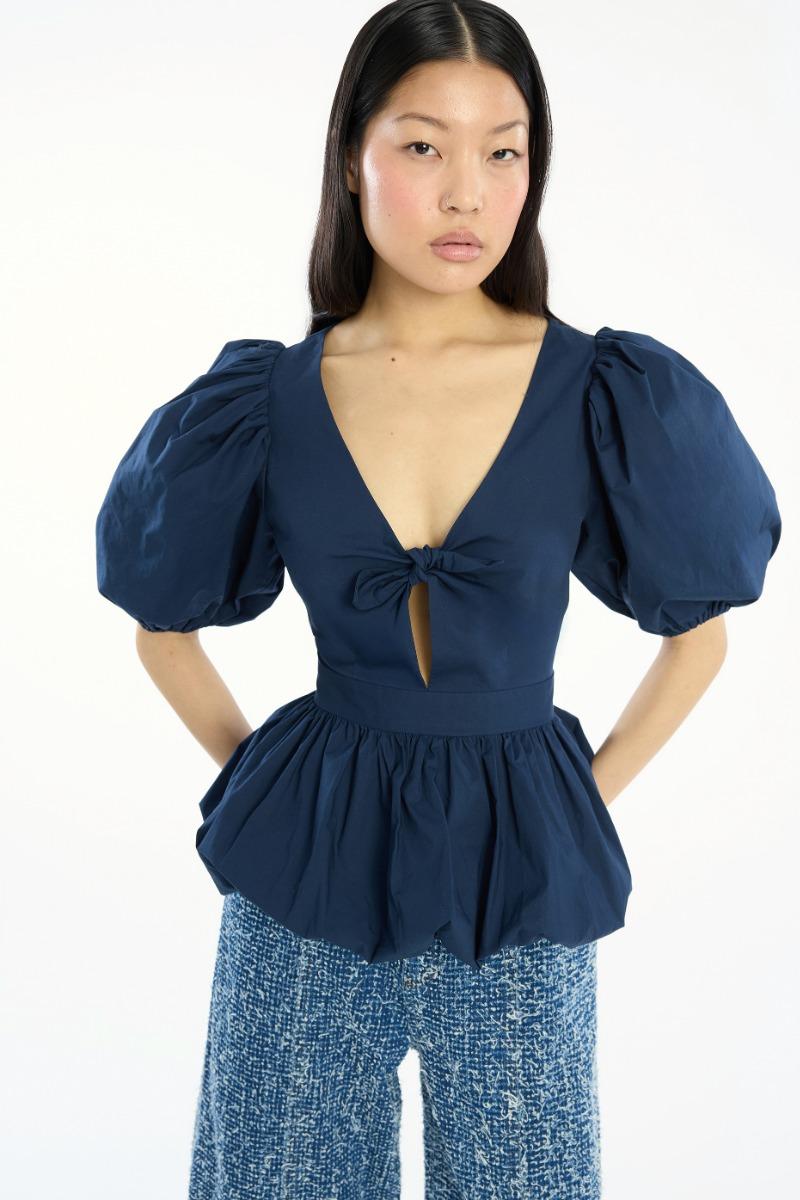 Rotate Birger Christensen Puff Sleeve Bubble Top Dark Blue