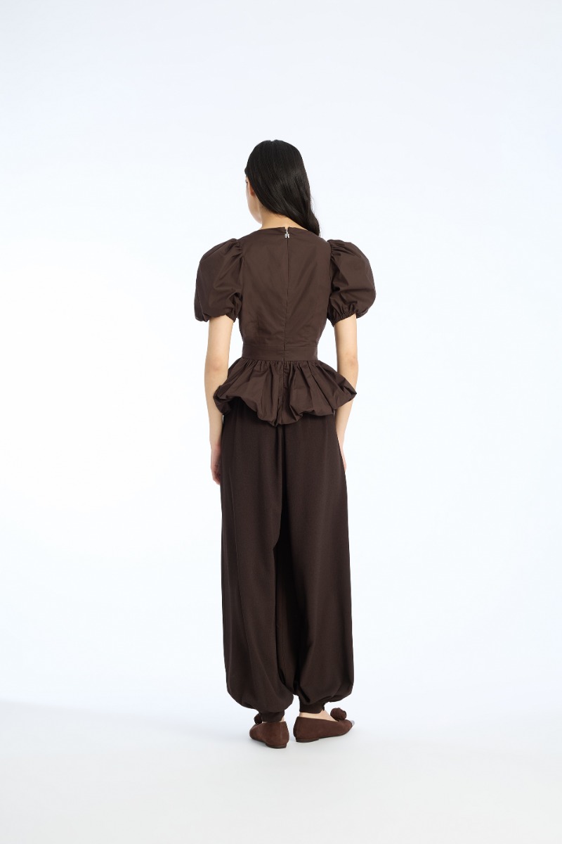Rotate Birger Christensen Puff Sleeve Bubble Top Dark Brown