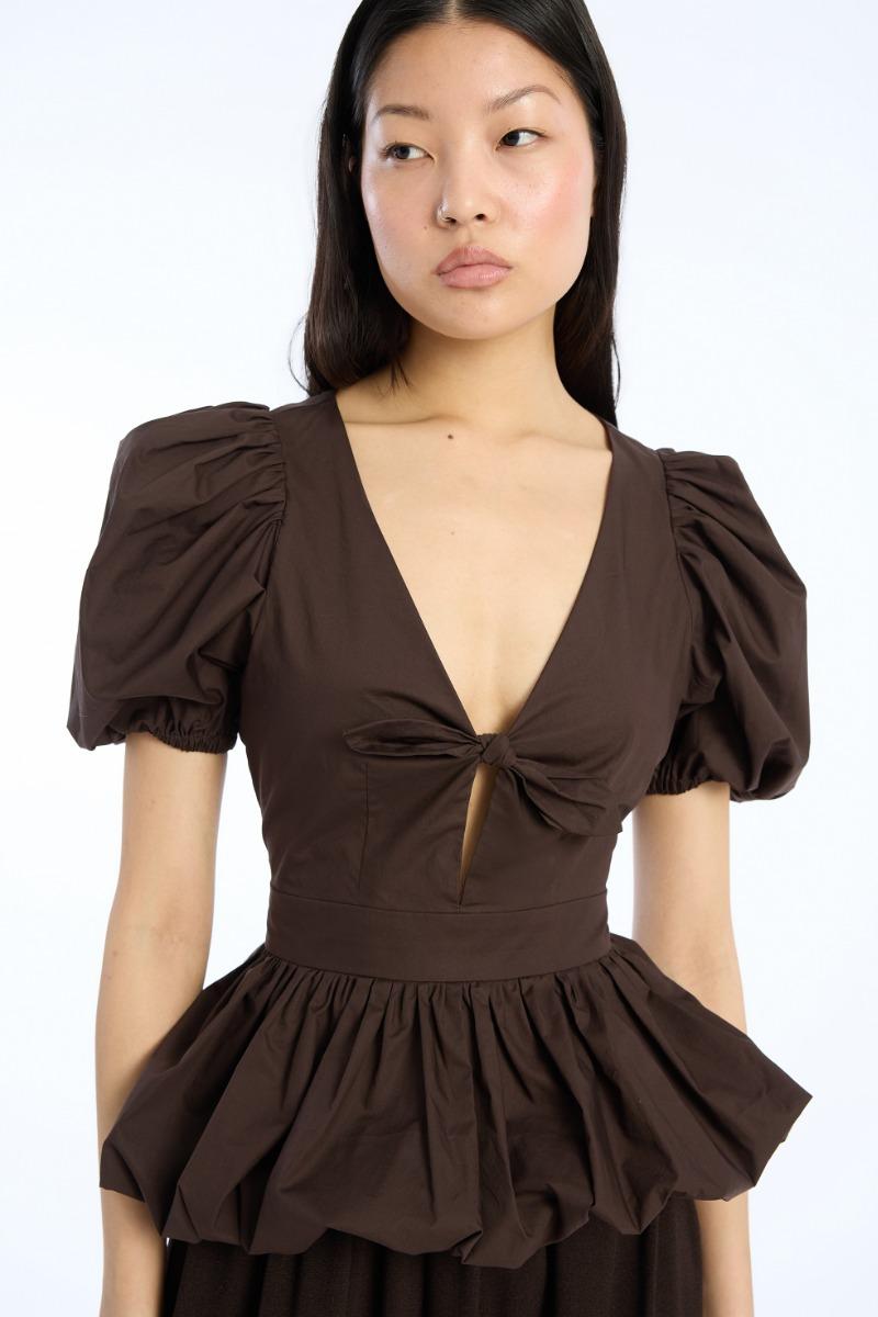 Rotate Birger Christensen Puff Sleeve Bubble Top Dark Brown