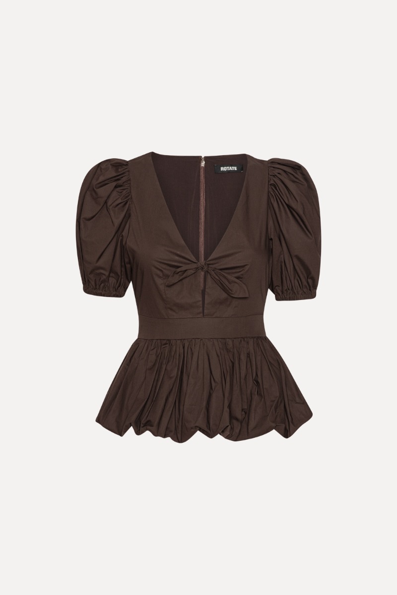 Rotate Birger Christensen Puff Sleeve Bubble Top Dark Brown