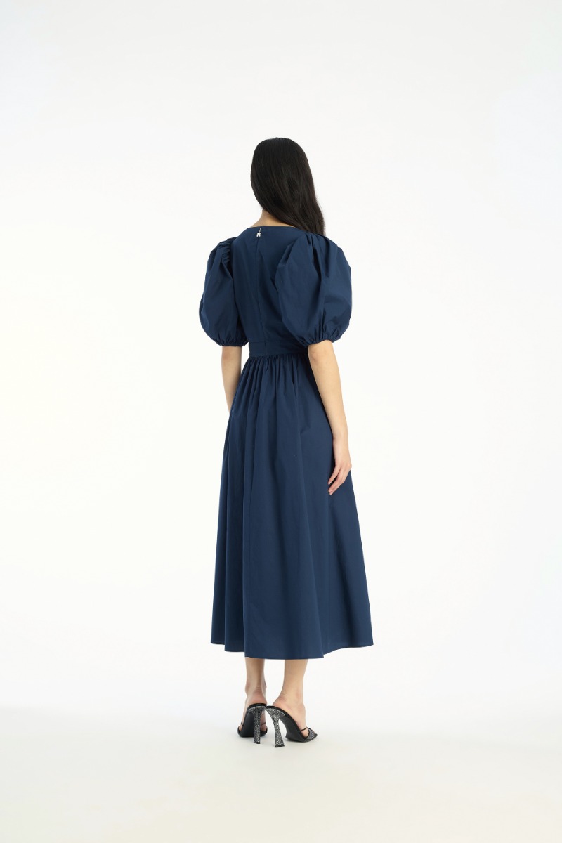 Rotate Birger Christensen Puff Sleeve Midi Dress Dark Blue