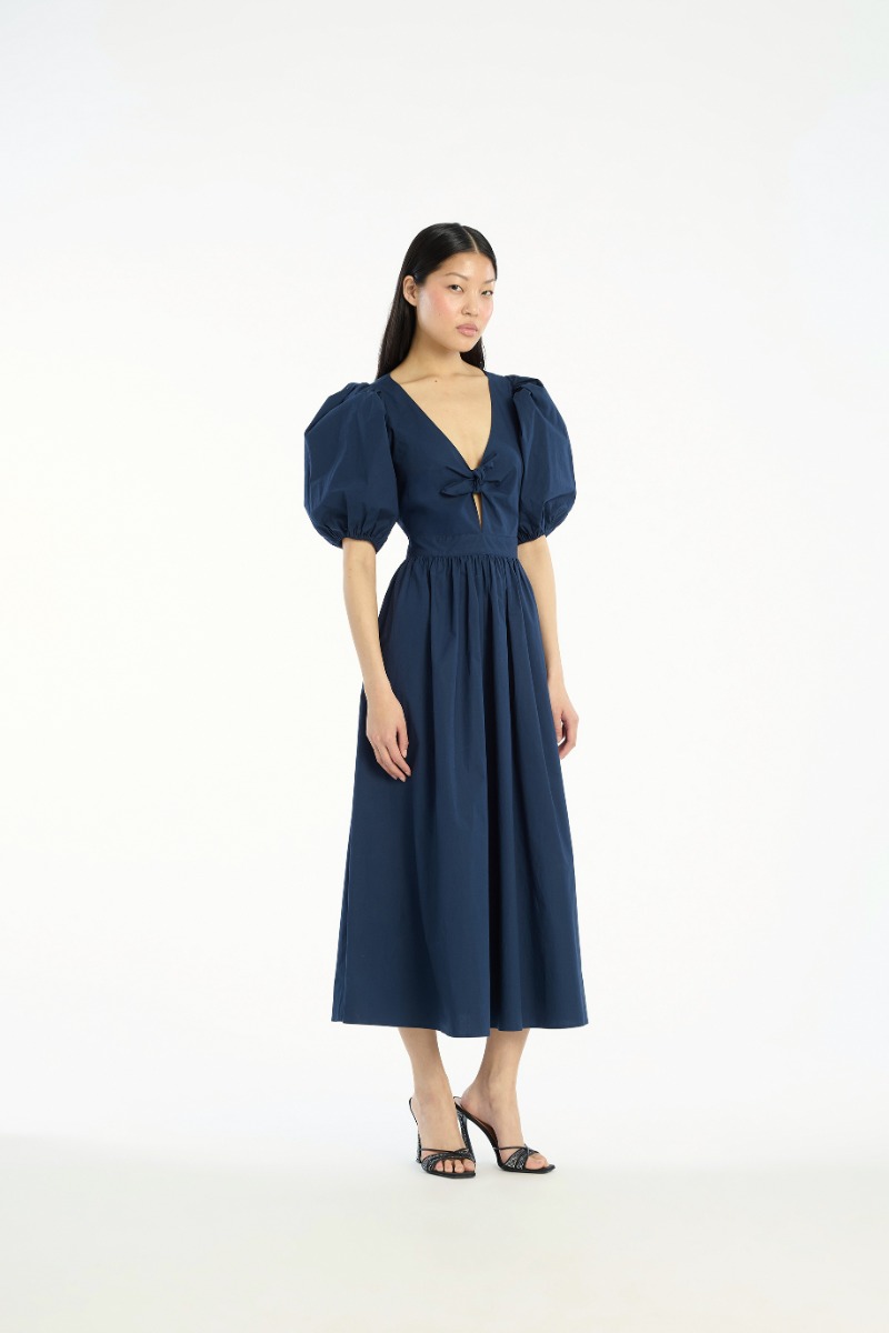 rotate birger christensen Puff Sleeve Midi Dress Dark Blue