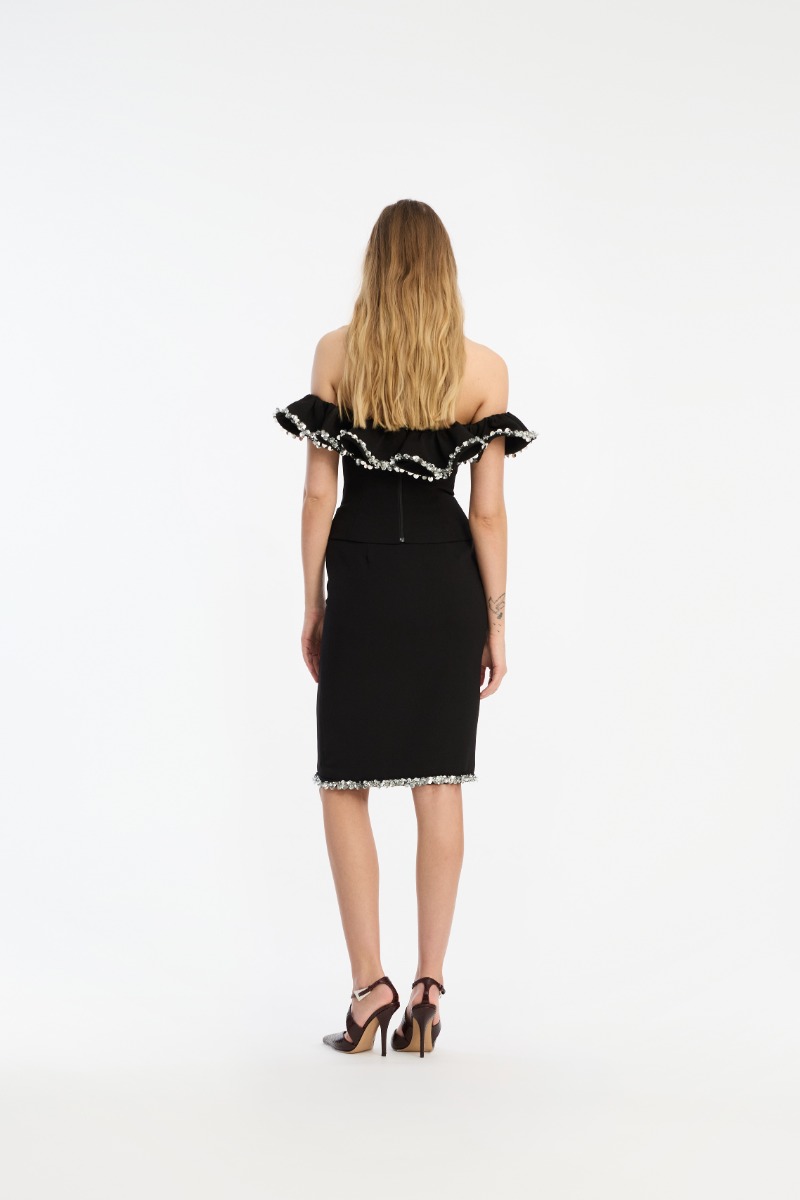 Rotate Birger Christensen Crepe Ruffle Top Black